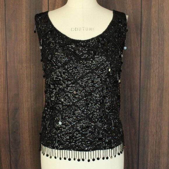 Vintage 1960s Sweater Top, Volup Orbach's Black Wool Beaded and Sequined Vest - Picture 1 of 10